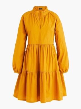 J.Crew Warm Caramel Ruffle Tiered Cotton Poplin A-Line Long Sleeve Dress Size S